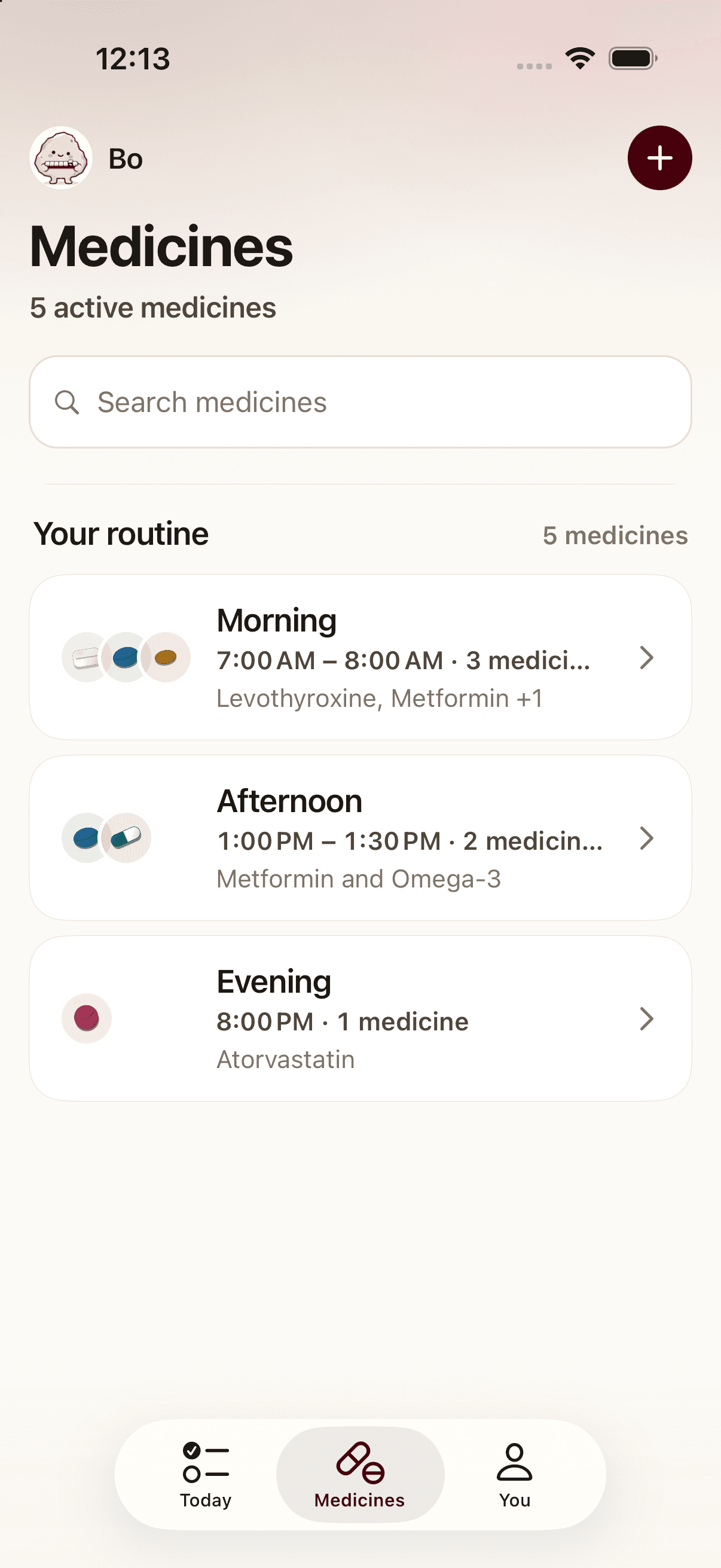Pillbo’s Medicines screen grouping five medicines into morning, afternoon and evening routines.