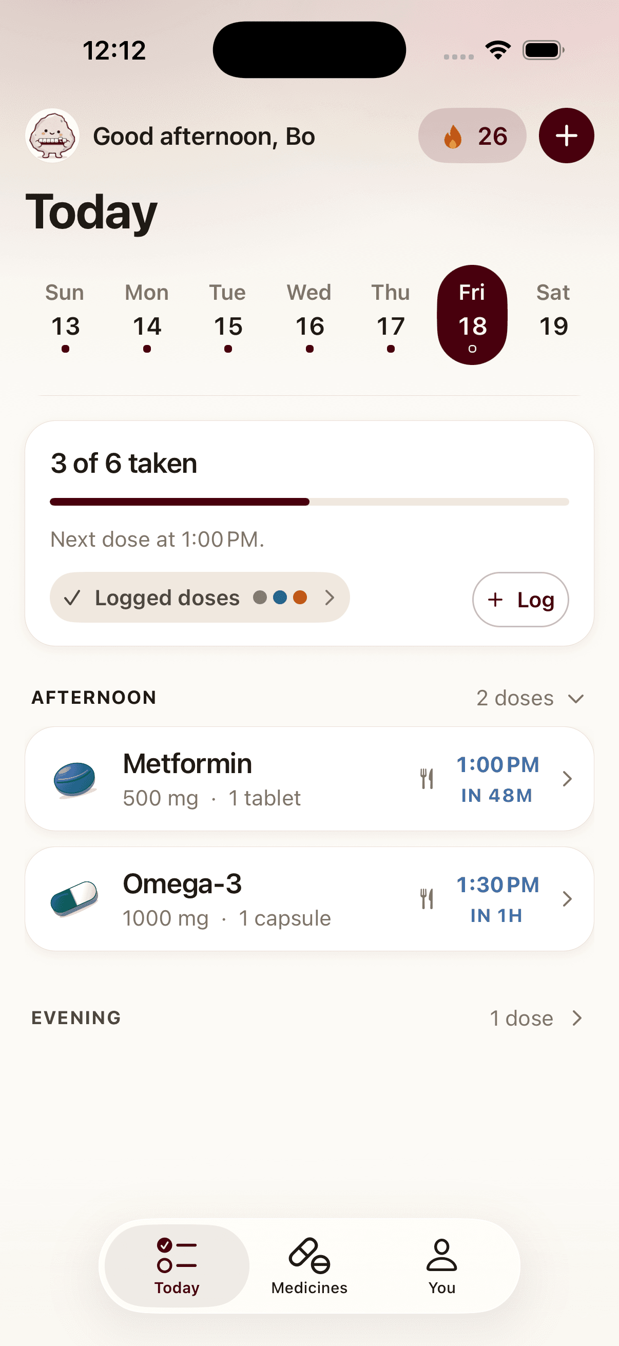 Pillbo’s Today screen showing today’s doses and what is due next.