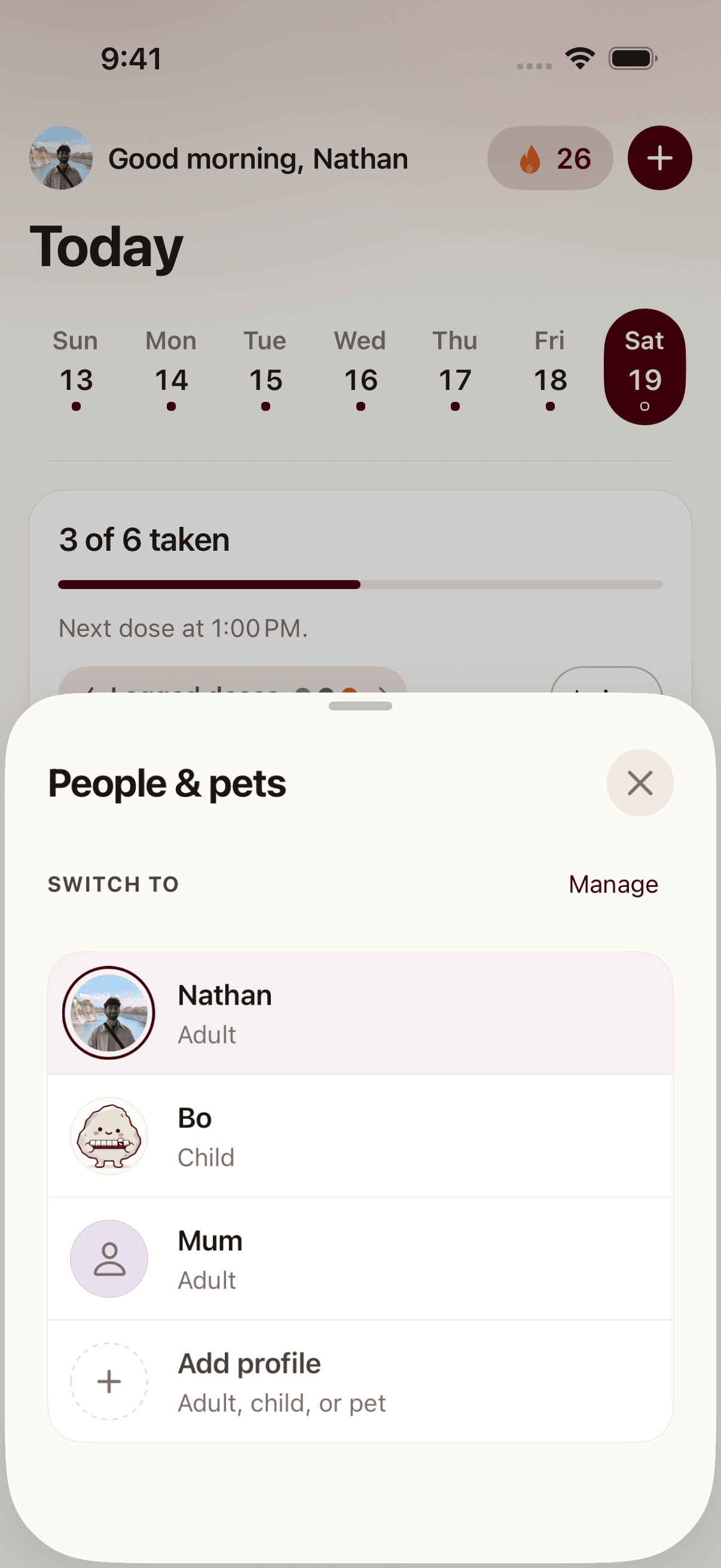 Pillbo’s People & pets sheet listing three care profiles — Nathan, Bo and Mum — each with medicines of their own.
